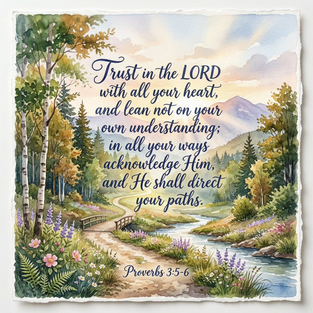 nature scene, landscape, mountains, forest, river, wildflowers, inspirational, scripture verse, religious, faith, birch trees, evergreen trees, lavender, pink flowers, blue sky, clouds, wooden bridge, pastoral, serene, peaceful, spiritual, proverbs, autumn tones, golden yellow, forest green, sage green, cream, calming, traditional, elegant