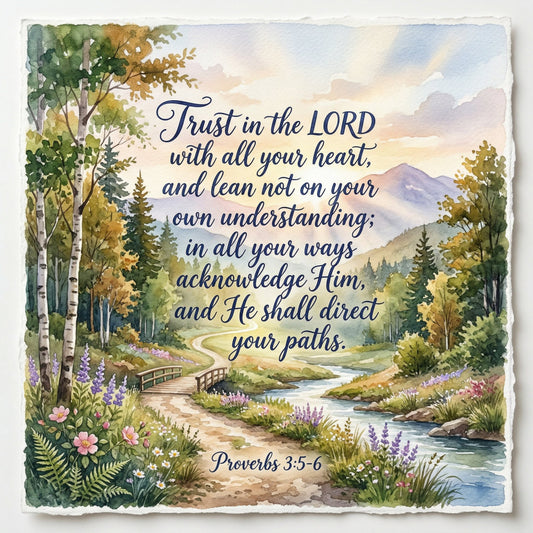 nature scene, landscape, mountains, forest, river, wildflowers, inspirational, scripture verse, religious, faith, birch trees, evergreen trees, lavender, pink flowers, blue sky, clouds, wooden bridge, pastoral, serene, peaceful, spiritual, proverbs, autumn tones, golden yellow, forest green, sage green, cream, calming, traditional, elegant