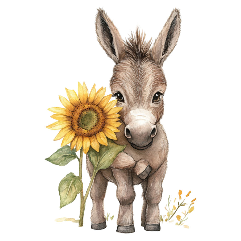 donkey, sunflower, whimsical, farmhouse, animals, nature, children's, baby, tan, beige, cream, yellow, gold, green, sage green, rustic, sweet, cute, illustration, botanical, floral, spring, summer, gentle, storybook, nursery, wall hanging, baby quilt, folk art, watercolor style