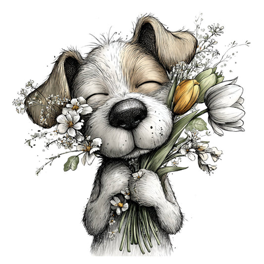 adorable animals, animal face, beige, botanical, brown, butterflies, button nose, charming, closed eyes, cream, cute dog, daisies, delicate flowers, dog portrait, earthy tones, floral, gentle, golden yellow, happy expression, illustration art, nature, peaceful, pet lover, puppy, serene, sketch style, soft colors, spring, sweet, tan