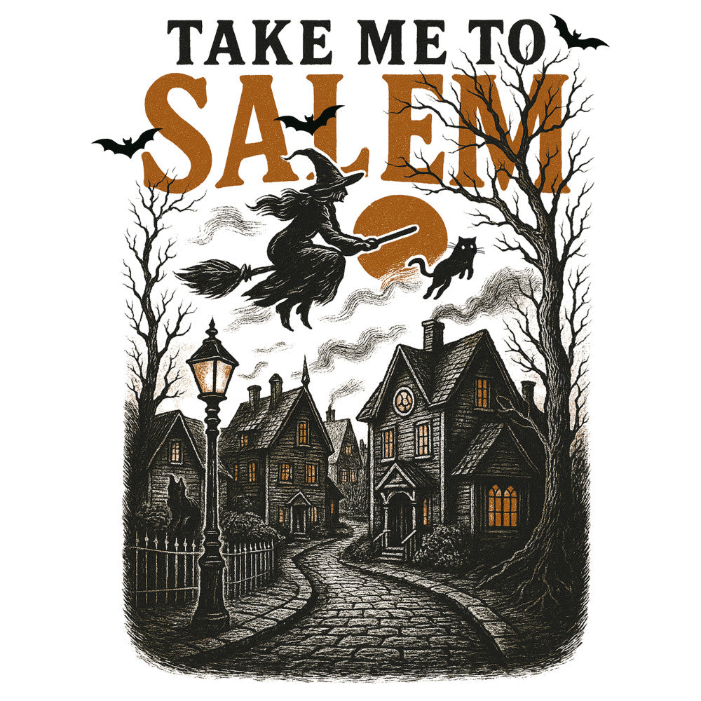 Take Me to Salem Fabric Panel 1 features a spooky witch flying over a moonlit Salem village with bats and vintage houses.