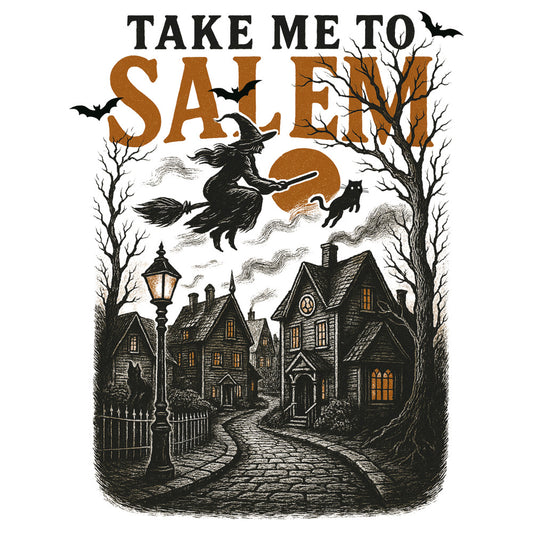 Take Me to Salem Fabric Panel 1 features a spooky witch flying over a moonlit Salem village with bats and vintage houses.