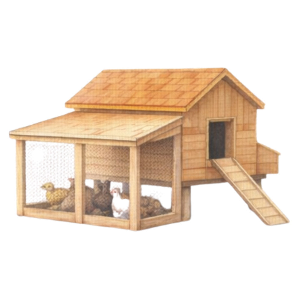 chicken coop, farmhouse, farm animals, poultry, chickens, ducks, wooden structure, barn, rural, country, natural wood tones, tan, beige, brown, rustic, traditional, pastoral, farm life, agricultural, homestead, animal lovers, countryside, cottage core, folk art, children's, novelty, educational