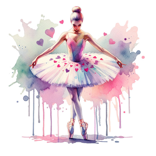 watercolor style, ballet dancer, ballerina, tutu, pointe shoes, pink hearts, purple splash, pastel colors, fabric panel, dance theme, graceful pose, artistic drips, soft pastels, ballet studio, feminine design, whimsical art, cotton panel, quilting fabric, dancer silhouette, romantic colors