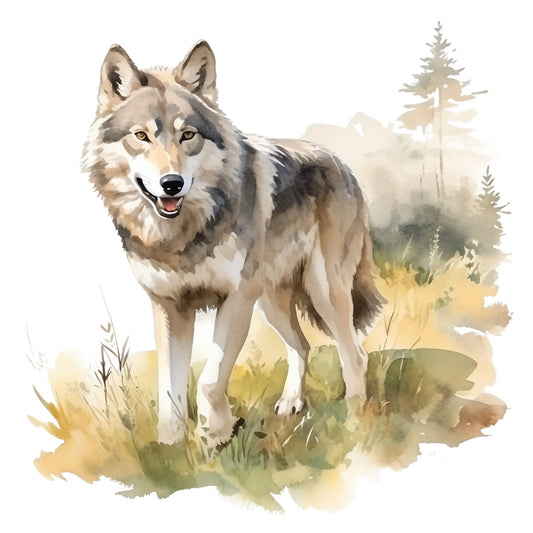 wolf, wildlife, watercolor style, nature scene, forest, pine trees, grass, earth tones, browns, grays, beige, yellow ochre, green, fabric panel, quilting cotton, realistic animal, woodland, outdoor scene, natural habitat, gentle expression, artistic painting