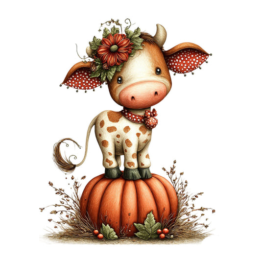 whimsical cow, autumn, fall, pumpkin, farmhouse, rustic, cream, rust orange, red, brown, floral, nature, animals, barn animals, polka dot, red polka dots, flower crown, daisy, gerbera daisy, vintage, country, pastoral, harvest, seasonal, baby quilt, nursery, children's, playful, folk art, charming