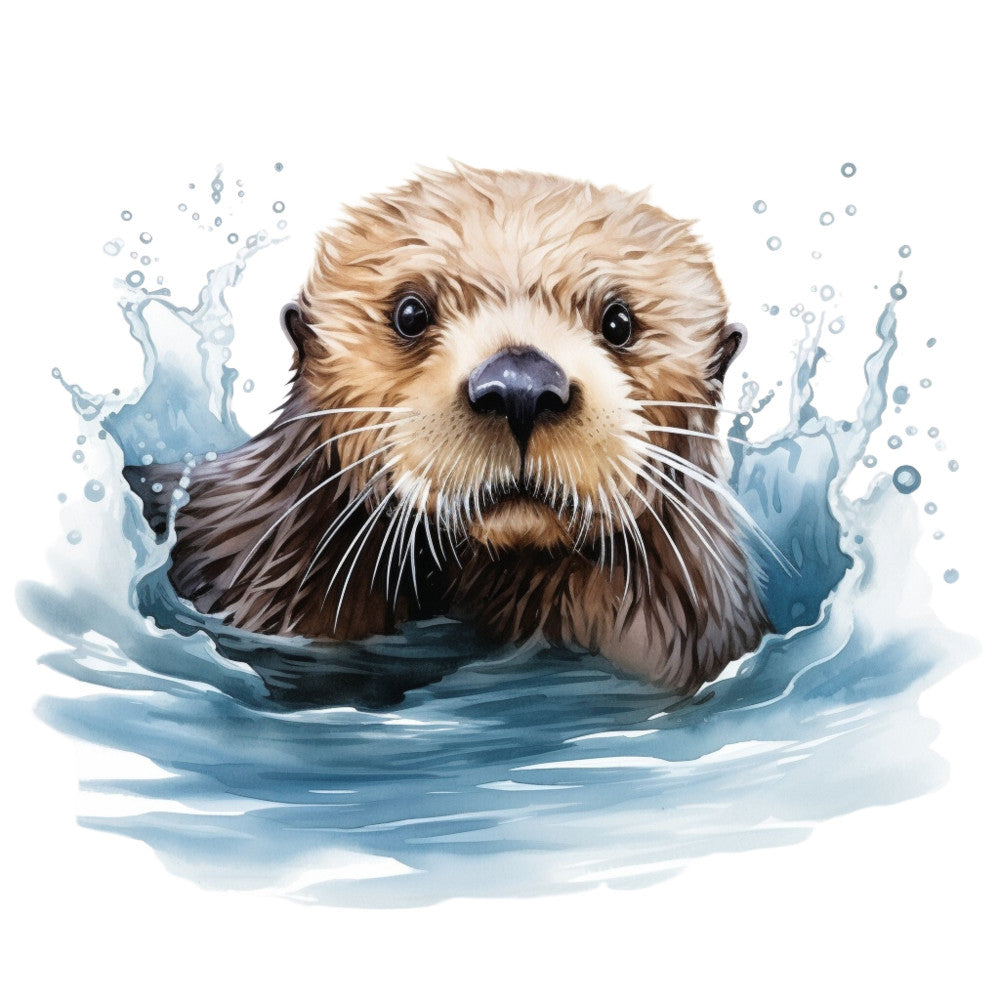 otter, water, aquatic animals, wildlife, nature, blue, cream, tan, beige, brown, watercolor, splash, whimsical, cute, playful, children, kids, nursery, baby, animal portrait, realistic, detailed, water splashes, bubbles, serene, peaceful, modern, contemporary, river otter, adorable