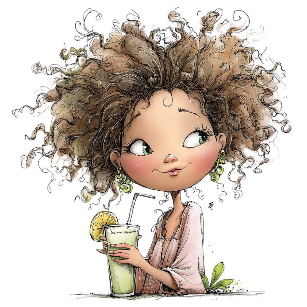 curly hair, girl face, whimsical, illustrated character, botanical, green eyes, lemon slice, beverage drink, summer vibes, boho chic, playful, contemporary art, character panel, tan brown, soft pink, pale green, nature inspired, lifestyle, decorative portrait, children's illustration, modern whimsy, relaxation theme, citrus, fashion illustration, artistic style, girl power, indie style, youthful energy