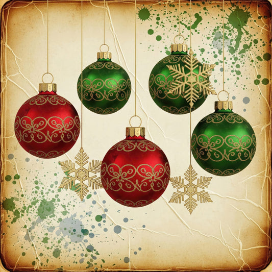red, forest green, gold, cream, vintage, christmas, holiday, ornaments, baubles, snowflakes, traditional, elegant, metallic accents, distressed, grunge texture, splatter paint, retro, festive, decorative, ball ornaments, gold filigree, seasonal, winter, nostalgic, hand-painted effect, rustic, classic, formal