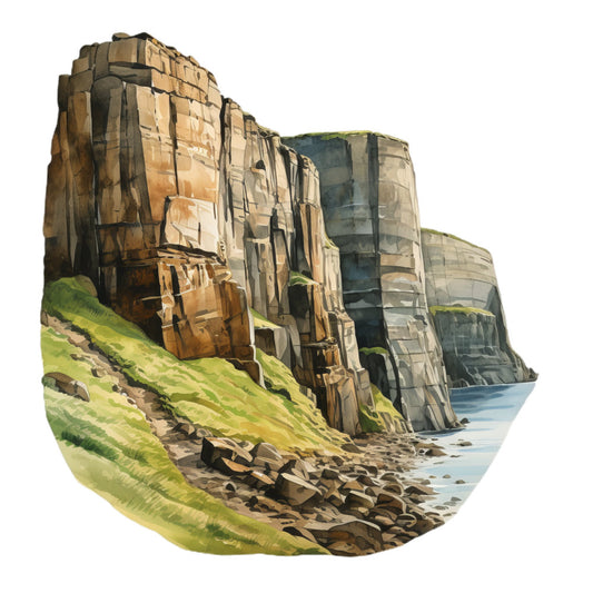 coastal cliffs, landscape, nature scene, seascape, rocky shoreline, moss green, sage green, golden brown, tan, slate gray, blue water, ocean, realistic, scenic, dramatic, geographical, british coastline, vertical panel, wall hanging, home decor, nature lovers, travel themed, rustic, traditional, illustration style, detailed, majestic, rugged terrain, grass hillside, stone formations