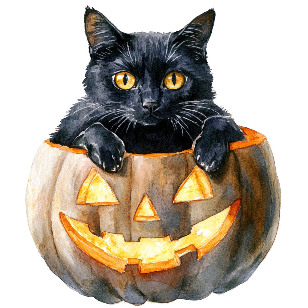 black cat, golden yellow eyes, jack-o-lantern, halloween, pumpkin, orange, cream, autumn, fall, holiday, whimsical, playful, cute animals, festive, spooky, seasonal, children's, cat lover, trick-or-treat, illuminated, carved pumpkin, black feline, jack o lantern face, orange glow, wallhanging, table runner, home decor, novelty print