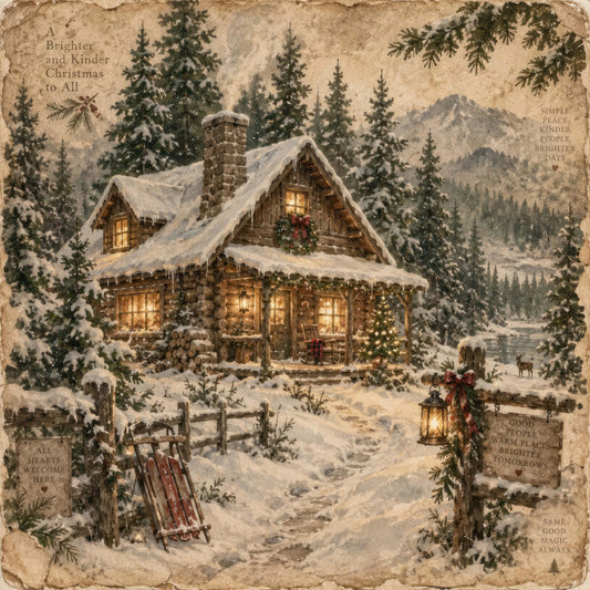 winter cabin, snowy landscape, log cabin, christmas, holiday, forest green, cream, gold, warm white, ivory, rustic, vintage, cozy, mountain scene, evergreen trees, snow-covered, festive, traditional, cabin core, woodland, deer, lantern, wreath, cottage, alpine, nostalgic, rustic cabin, winter scene, peaceful, architectural