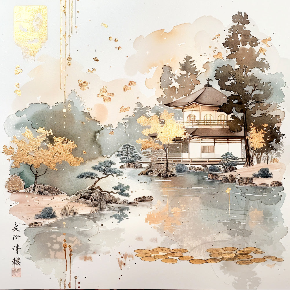 watercolor painting, japanese temple, pagoda architecture, pond reflection, lily pads, autumn trees, golden foliage, muted earth tones, beige background, asian landscape, serene garden, flowing water, soft pastels, fabric panel, quilting cotton, nature scene, tranquil mood, oriental design, artistic brushstrokes
