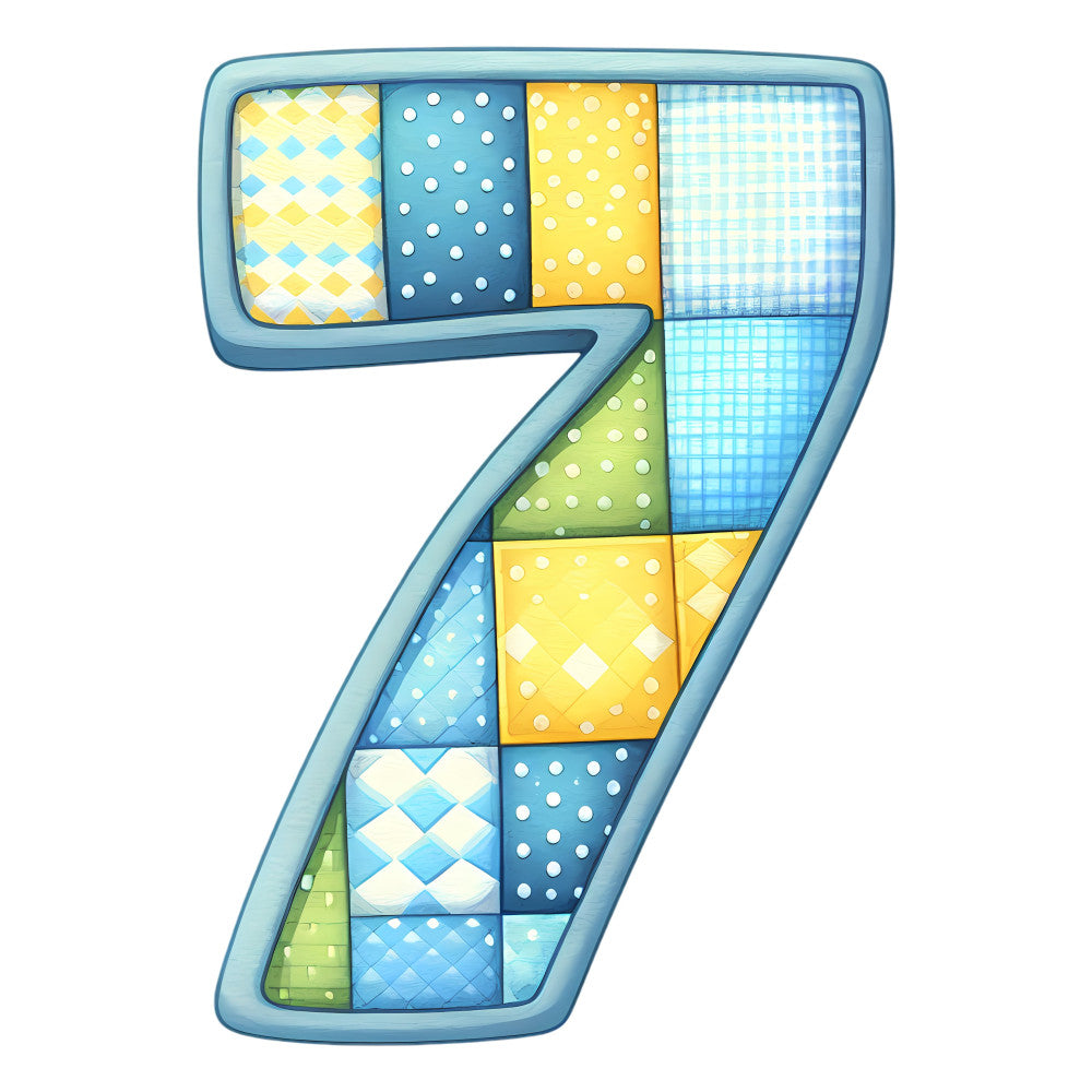 number seven, numeric, whimsical, playful, patchwork, polka dots, checkered, gingham, diamond pattern, pastel yellow, soft blue, sky blue, light green, sage green, teal, aqua, color block, mixed patterns, children's, baby, nursery, playroom, modern, fun, cheerful, bright, multi-color