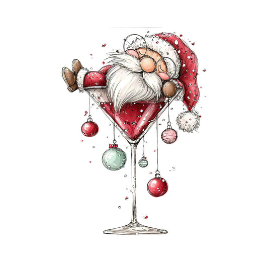 whimsical, christmas, cocktail glass, santa claus, gnome, red wine, white beard, santa hat, christmas ornaments, red baubles, green ornaments, pink ornaments, festive, holiday themed, watercolor style, playful illustration, fabric panel, quilting cotton, seasonal design, martini glass, christmas decorations