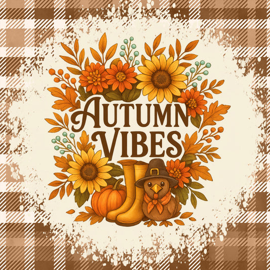 autumn vibes, fall themed, sunflower, orange, golden yellow, brown, cream, plaid background, floral, nature, harvest, thanksgiving, pumpkin, owl, boots, leaf, berry sprigs, rustic, farmhouse, whimsical, vintage, cozy, seasonal, wall hanging, home decor, warm tones, earthy, cottage style, traditional