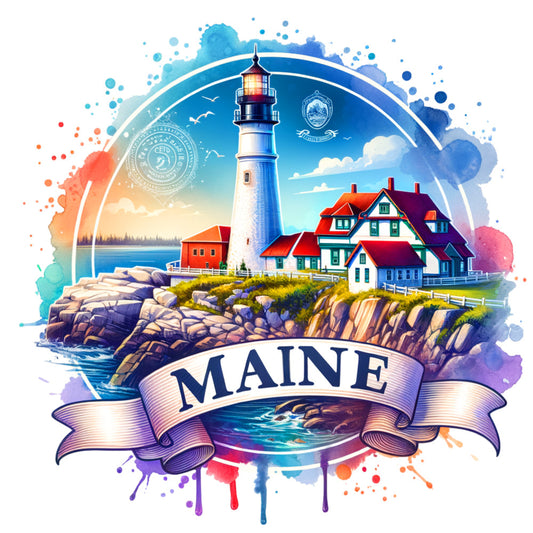 US States Retro Travel Fabric Panel 49 featuring Maine lighthouse and coastal scene on premium quilting cotton fabric.