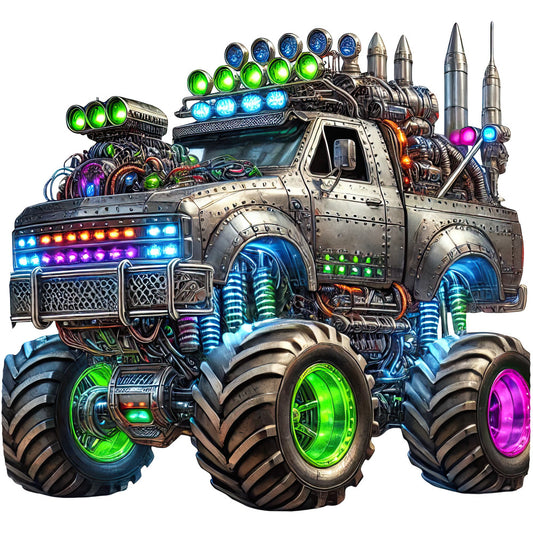 steampunk, neon lights, glow in the dark, sci-fi, futuristic, industrial, mechanical, vehicle, truck, monster truck, bright neon green, electric blue, hot pink, magenta, metallic silver, metallic gold, orange, purple, glowing, luminous, bold, vibrant, action-packed, novelty, themed, automotive, retro-futuristic, tech, gadgets, rockets