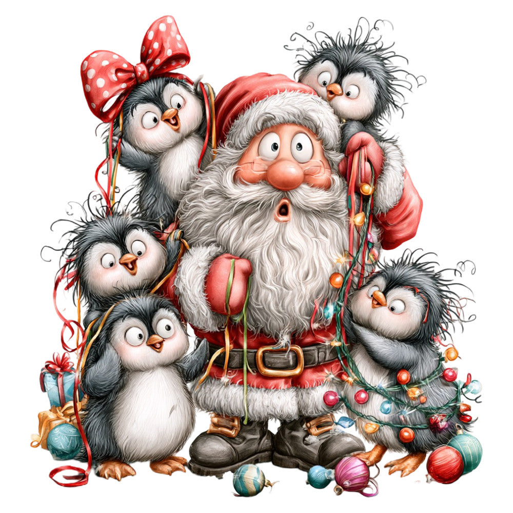 santa claus, penguins, christmas, holiday, red, white, black, cream, coral, gold, festive, whimsical, cute animals, children's, winter, decorative ornaments, cheerful, traditional, seasonal, charming, playful, gift-giving, jolly, nose, bow tie, polka dots, ornament balls, gift boxes, stocking stuffers