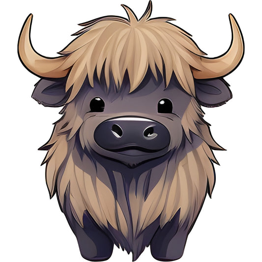 highland cattle, yak, cute animals, farm animals, livestock, tan, cream, beige, taupe, charcoal gray, dark gray, two-tone, adorable, whimsical, cartoon, childlike, playful, animal face, bovine, rustic farmhouse, country style, baby quilt, children's fabric, nursery, wall hanging, farm theme, pastoral, gentle expression, chunky knit texture, woolly