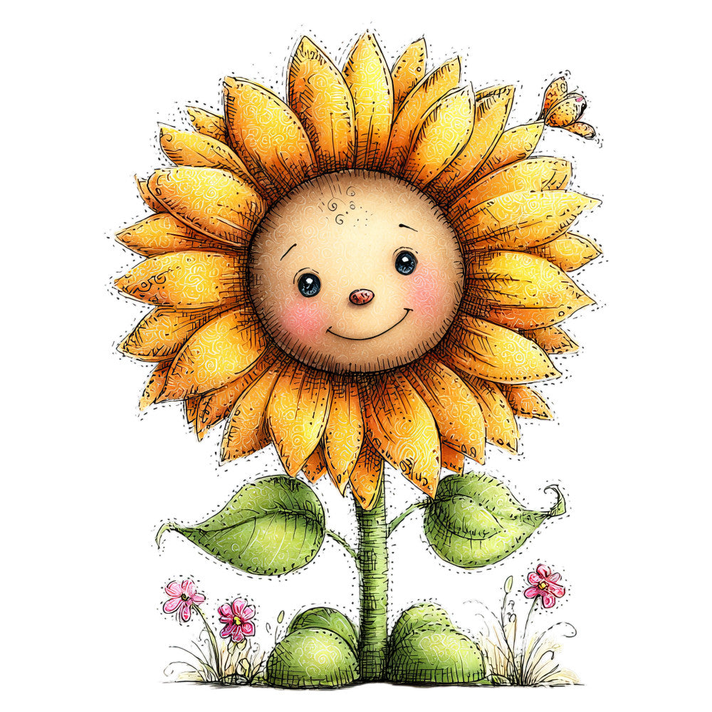 smiling sunflower, golden yellow, cream, sage green, pink, whimsical, cheerful, cute, nature, floral, botanical, spring, summer, children's, baby, friendly face, anthropomorphic, butterfly motif, decorative flowers, soft colors, playful, illustrative, storybook style, garden theme, daytime, cheerful character, kid's fabric, panel print, appliqué friendly