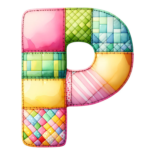 letter p alphabet, colorful, rainbow, pastel colors, soft pink, pale yellow, mint green, sky blue, gradient, quilted texture, patchwork, geometric, diamond pattern, checkered, striped, whimsical, playful, cheerful, children's, nursery, educational, decorative letter, monogram, bright colors, multi-color, modern, contemporary, playroom decor, learning alphabet, cute design