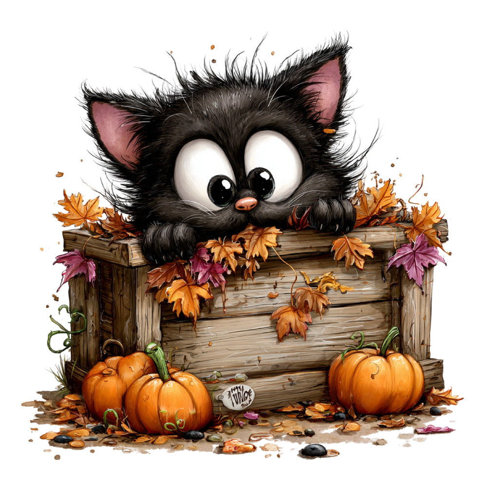 black cat, orange pumpkin, autumn leaves, fall, halloween, whimsical, cute, animal, woodland, rustic, orange, black, cream, burgundy, purple, brown, wood texture, seasonal, harvest, spooky, playful, children's, kids, nature, leaf motifs, pumpkin patch, fall harvest, cozy, decorative panel, home décor