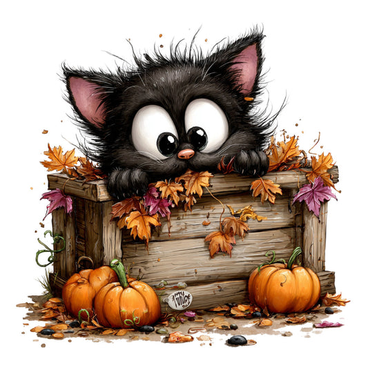 black cat, orange pumpkin, autumn leaves, fall, halloween, whimsical, cute, animal, woodland, rustic, orange, black, cream, burgundy, purple, brown, wood texture, seasonal, harvest, spooky, playful, children's, kids, nature, leaf motifs, pumpkin patch, fall harvest, cozy, decorative panel, home décor