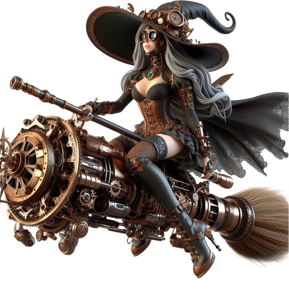 steampunk, brown, bronze, copper, black, gray, silver, metallic, gears, clockwork, mechanical, goggles, airship, vintage, industrial, fantasy, character, witch, whimsical, adventure, gothic, dark fantasy, brass, intricate details, embellished, ornate, celestial, mystical, art panel, novelty print