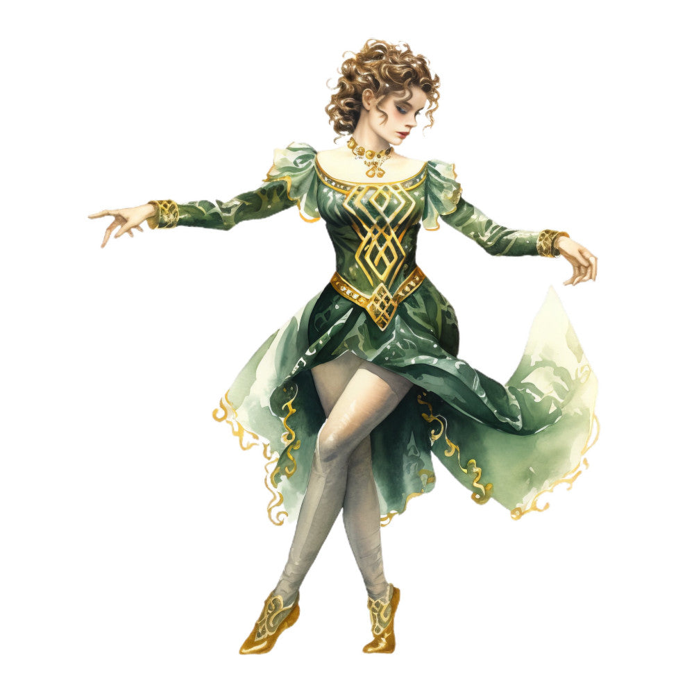 forest green, gold, emerald green, vintage, fairy tale, fantasy, whimsical, elegant, storybook, dancing figure, celtic knot, geometric pattern, ornate, renaissance, character panel, magical, fairy, princess, curly hair, puffy sleeves, decorative trim, ornamental design, classic illustration, timeless, enchanted, golden accents, woman figure, theatrical costume, fantasy character, art nouveau inspired