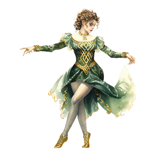 forest green, gold, emerald green, vintage, fairy tale, fantasy, whimsical, elegant, storybook, dancing figure, celtic knot, geometric pattern, ornate, renaissance, character panel, magical, fairy, princess, curly hair, puffy sleeves, decorative trim, ornamental design, classic illustration, timeless, enchanted, golden accents, woman figure, theatrical costume, fantasy character, art nouveau inspired