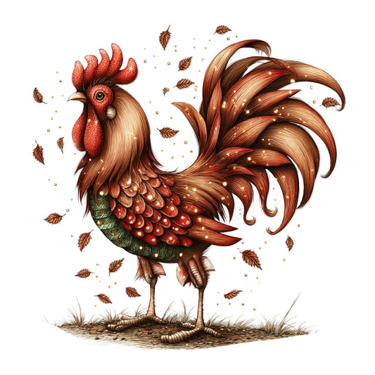 rooster, rust red, burnt orange, golden brown, sage green, bronze, autumn, fall, farmhouse, rustic, whimsical, folk art, vintage, country, decorative bird, feathered, textured, leaves, nature, animal themed, harvest, traditional, elegant, cottage core, detailed illustration, warm tones, seasonal, farm animals, illustrated rooster, earthy palette