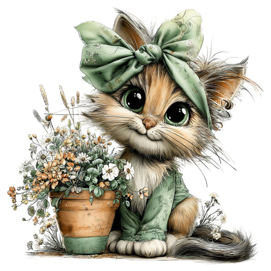 sage green, cream, tan, brown, white, floral, whimsical, cat, kitten, animals, nature, spring, summer, flower pot, daisies, botanical, cottage core, folk art, vintage, cute, playful, bow, ribbon, garden, wildflowers, illustration, decorative, feminine, pastoral, country