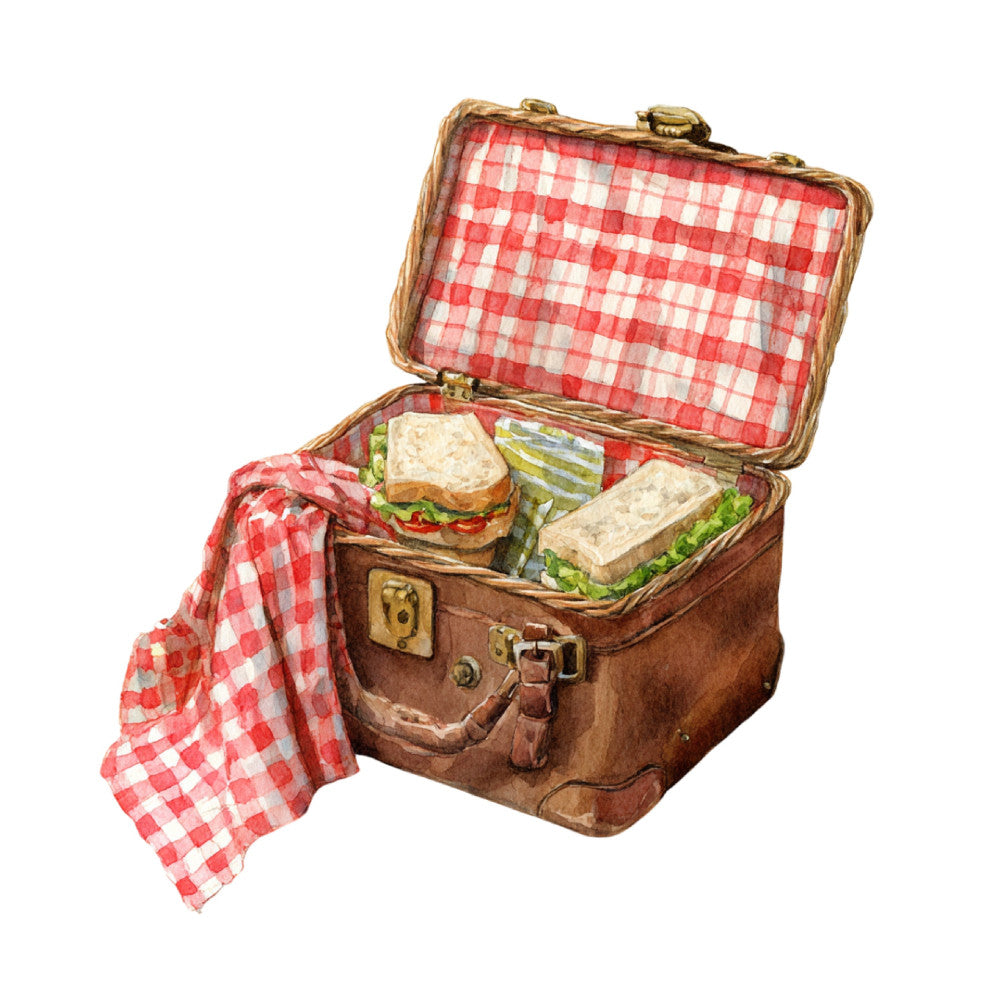 picnic, vintage, gingham, red and white, checkered, plaid, rustic, farmhouse, retro, lunch basket, sandwich, food, countryside, checkered cloth, spring, summer, picnic basket, antique, heritage, traditional, nostalgic, cottage core, outdoor dining, classic gingham, red gingham, white gingham, checkered pattern, blanket pattern, table cloth