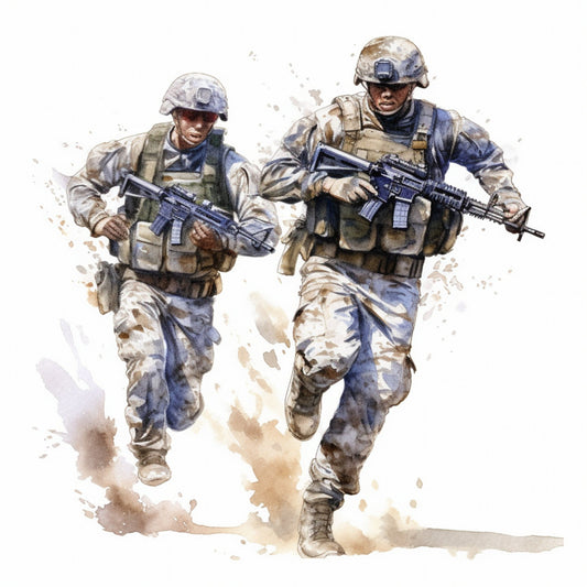 military, soldiers, armed forces, desert camouflage, tan, khaki, olive green, navy blue, beige, brown, camouflage pattern, action, patriotic, courage, heroic, tactical gear, combat, realistic illustration, watercolor style, men, uniforms, helmet, rifles, dust effect, textured, modern, contemporary, tribute, honor, americana