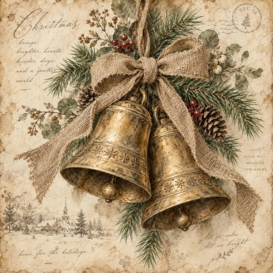 vintage christmas, holiday, bells, burlap bow, evergreen, pine branches, pinecones, berries, rustic, elegant, antique gold, cream, beige, taupe, forest green, festive, nostalgic, traditional, winter, christmas bells, botanical, nature, home decor, wall hanging, cottage style, heritage, timeless, seasonal, old world charm
