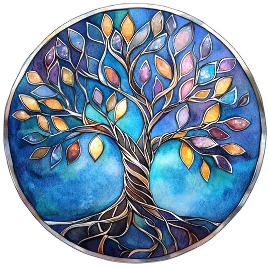 tree of life, stained glass, blue background, multicolor leaves, navy blue, turquoise, purple, gold, amber, celestial, nature, spiritual, whimsical, elegant, bohemian, modern, fantasy, metallic accents, roots, branches, autumn colors, jewel tones, circular design, mandala-inspired, magical, enchanted forest, artistic, decorative panel, wall hanging, home decor