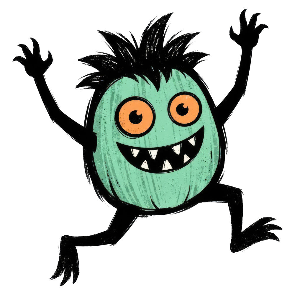 mint green, orange eyes, black, whimsical, monsters, creatures, playful, cute, children, kids, fun, happy, smiling, teeth, spiky hair, cartoon, modern, novelty, animal motifs, character fabric, playful creatures, monster design, bright colors, youth, fun prints, decorative, contemporary, animated style