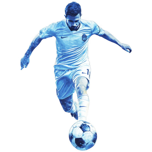 blue watercolor, light blue, navy blue, white, sports, soccer, football, athlete, player, action pose, watercolor effect, abstract, modern, digital art, artistic, dynamic, youth, boys, men, sports themed, casual, energetic, athletic wear, jersey, contemporary, illustration style, gradient blue, monochromatic, wall hanging, sports fan