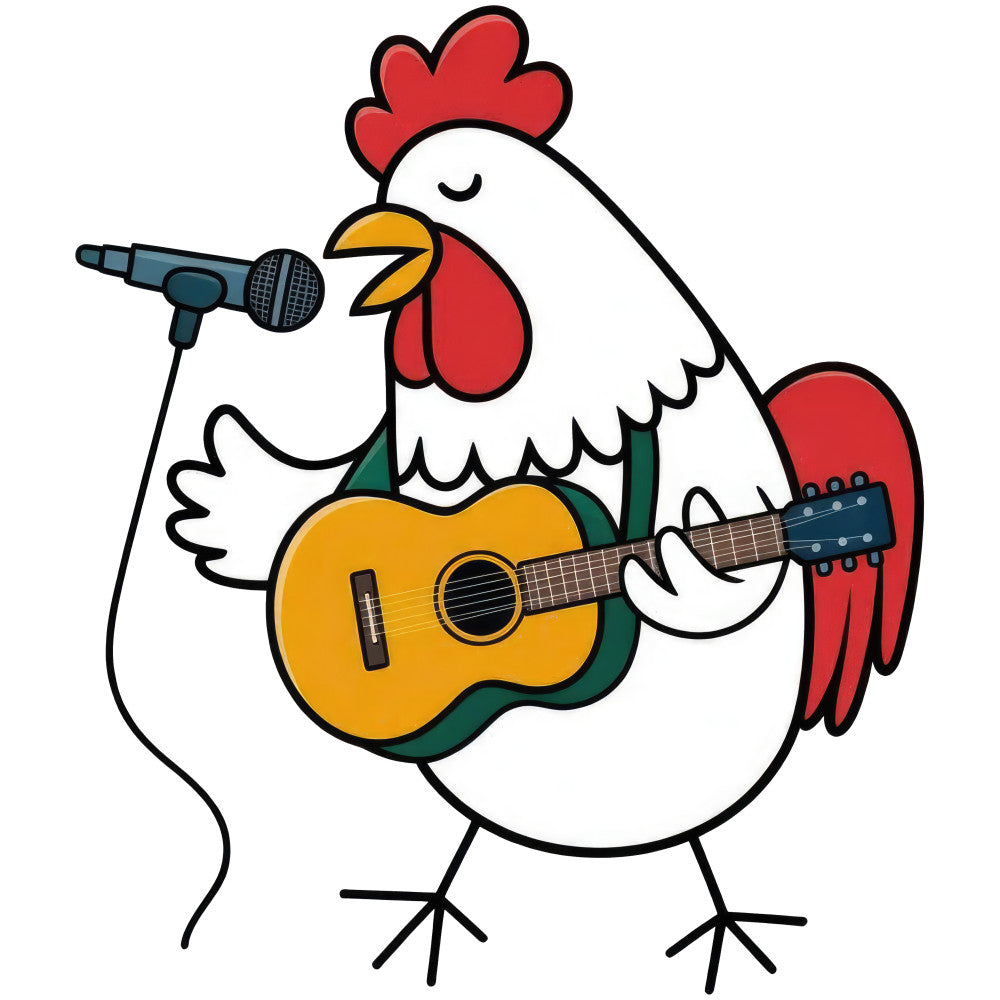 rooster, chicken, musical instruments, guitar, microphone, singing, performance, music, farmhouse, country, whimsical, playful, red, white, yellow, orange, forest green, black, animal, bird, folk art, vintage, rustic, fun, colorful, children's, novelty, entertaining, acoustic guitar, performer