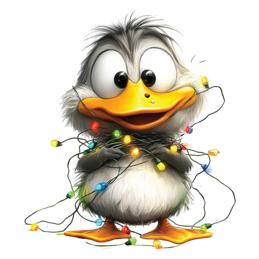 duck, whimsical, christmas lights, holiday theme, fluffy feathers, cartoon style, yellow beak, orange feet, tangled lights, colorful bulbs, red lights, green lights, blue lights, yellow lights, cute character, fabric panel, quilting cotton, festive design, winter theme, adorable duck