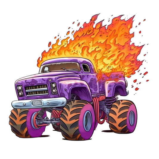 Monster Truck Crushes Fabric Panel 8 features a vibrant purple monster truck with large tires engulfed in dynamic flames on premium quilting cotton.