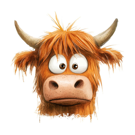 highland cattle, highland cow, scottish cow, rust orange, burnt orange, terracotta, cream, tan, beige, animal face, cartoon animal, whimsical, humorous, funny, cute, rustic, farmhouse, folk art, children's, kids, baby, cow portrait, livestock, farm animal, folk style, charming, playful, quirky