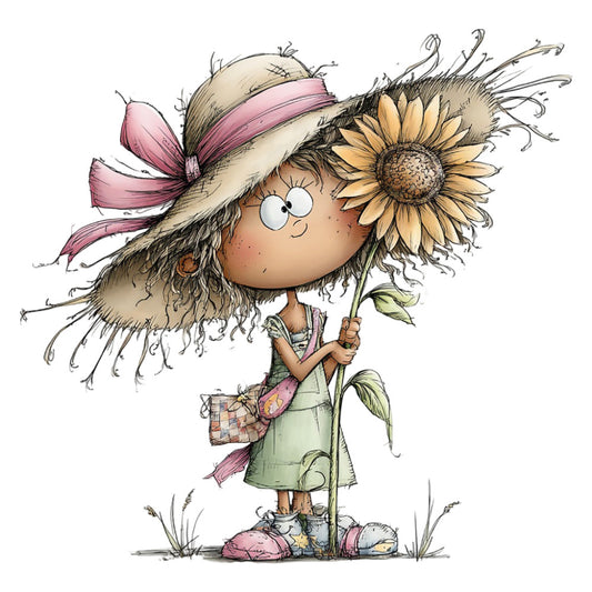 whimsical girl, sunflower, straw hat, pink ribbon, nature themed, spring, summer, children's illustration, cute character, folk art, rustic charm, garden theme, botanical, cream beige, soft pink, sage green, yellow gold, playful style, innocent childhood, girl with flowers, pastoral, country living, vintage inspired, hand drawn illustration, storybook character, farmhouse aesthetic, nature lover, outdoor adventure, cottagecore