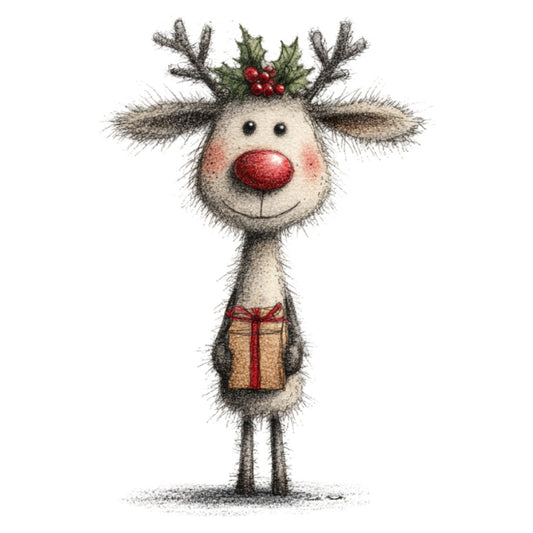 reindeer, rudolph, red nose, christmas, holiday, whimsical, cute animals, festive, winter, gray, cream, red, holly berries, decorative, charming, playful, rustic, traditional, seasonal, gift wrapped, nostalgia, retro, children's, novelty, folk art, hand drawn, textured, christmas panel, holiday cheer