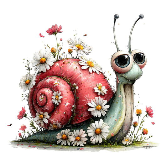 whimsical snail, garden snail, floral, daisies, pink flowers, red shell, coral pink, cream white, sage green, nature themed, woodland creatures, insects, spring, summer, whimsical style, quirky animals, botanical, flower garden, charming, decorative panel, children's fabric, playful, cottage core, storybook illustration, eye motifs, vintage inspired, nature lovers, garden themed