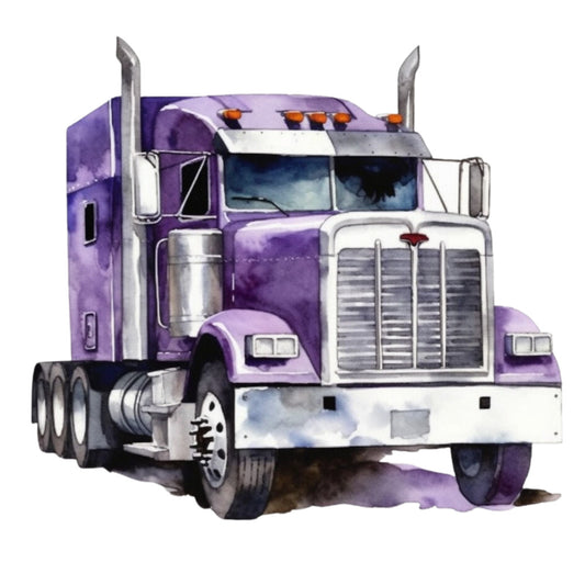 purple, white, silver, orange, watercolor style, semi truck, big rig, transportation, vehicle, chrome details, exhaust stacks, truck cab, sleeper cab, automotive, fabric panel, quilting cotton, realistic illustration, masculine theme, trucking, commercial vehicle