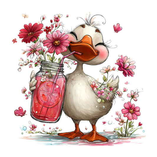 whimsical duck, coral pink, cream, red, orange, floral, nature, animals, birds, waterfowl, geese, flowers, gerbera daisies, daisies, butterflies, spring, summer, farmhouse, cute, playful, children's, baby, feminine, folk art, decorative, wall hanging, nursery, vintage inspired, charming
