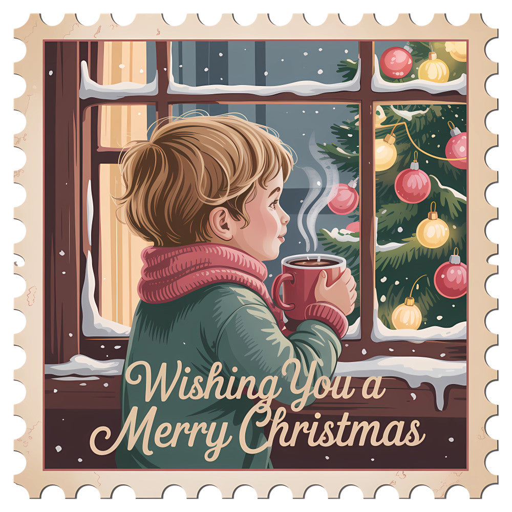 Vintage Christmas Stamps Fabric Panel 20 showing a child with hot cocoa by a frosty window decorated with a Christmas tree and ornaments.