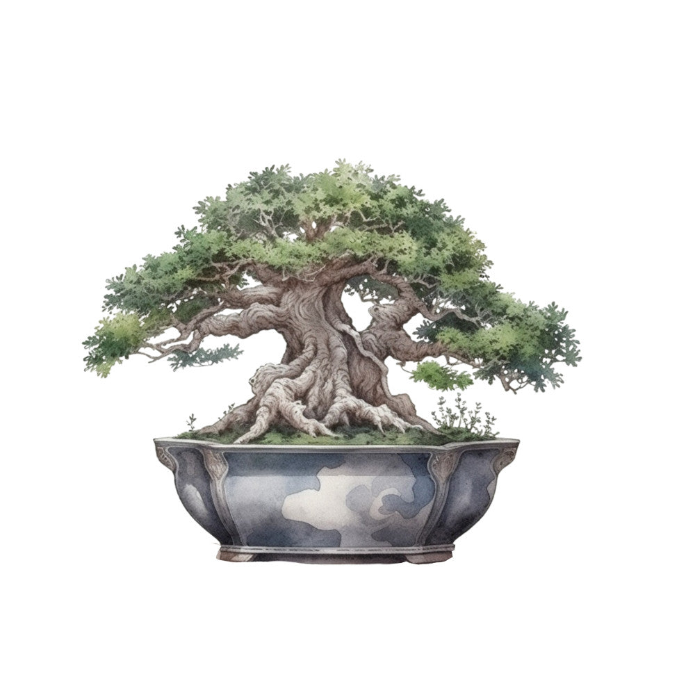 bonsai tree, sage green, brown trunk, blue pottery, ceramic pot, watercolor style, botanical illustration, zen garden, japanese inspired, miniature tree, twisted branches, foliage canopy, decorative planter, nature scene, fabric panel, quilting cotton, serene mood, oriental motif, gardening theme